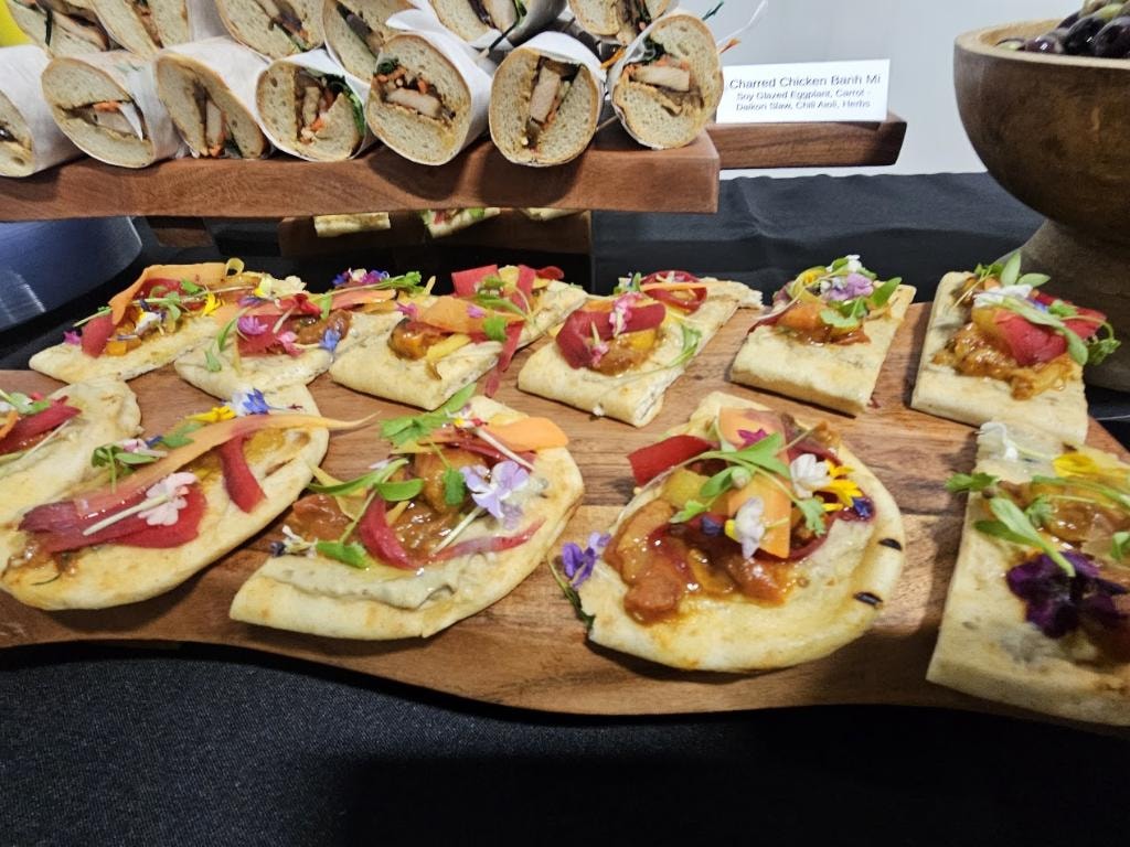 Gourmet flatbread appetizers with edible flowers