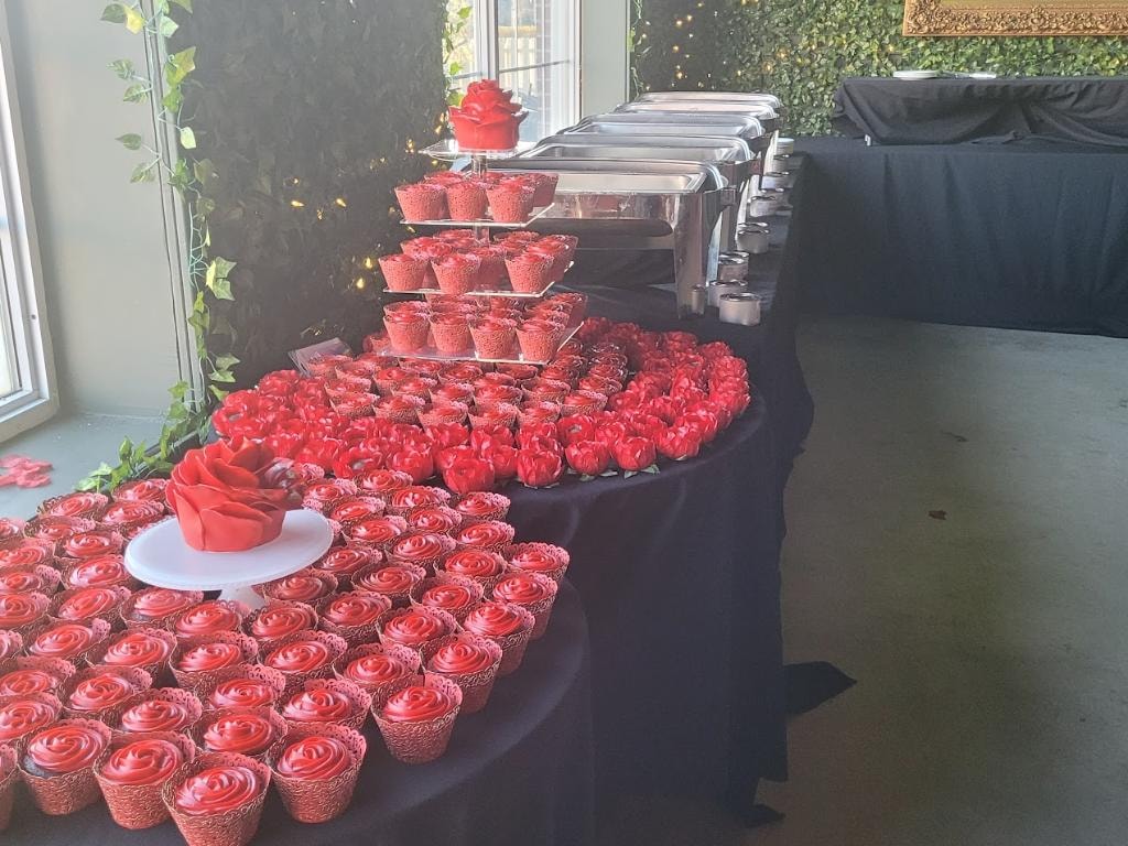 Red frosted cupcakes tiered display