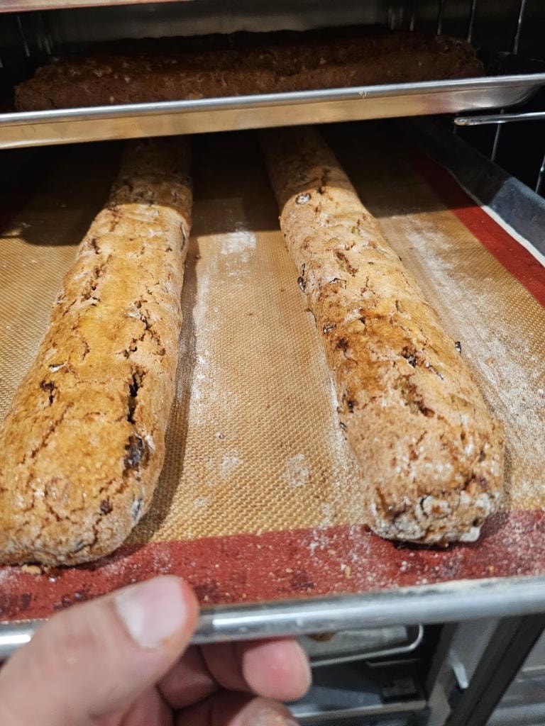 Freshly baked artisan loaves cooling on a bakery tray