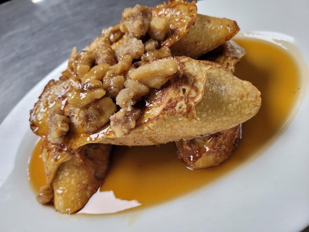 Johnny and June French toast with caramelized apples and syrup