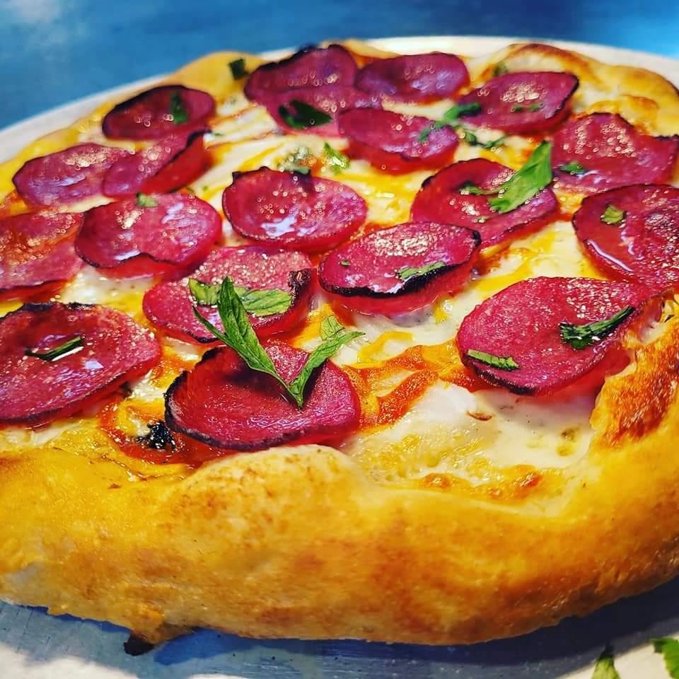 Johnny and June pepperoni pizza with fresh basil