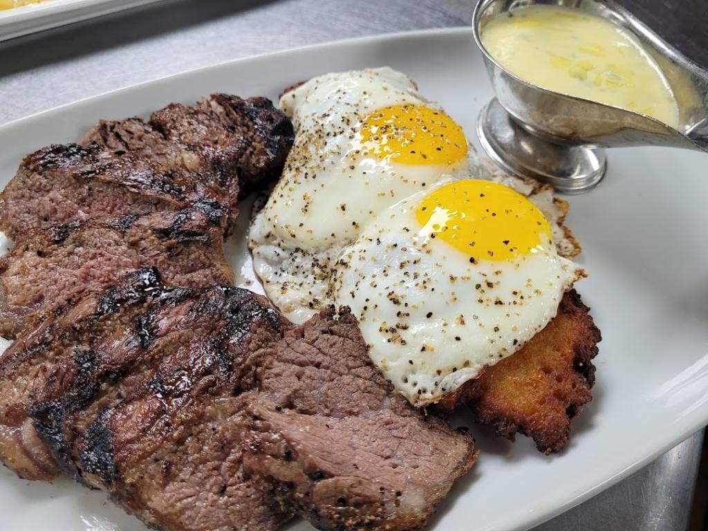 Johnny and June grilled steak and eggs with crispy potato