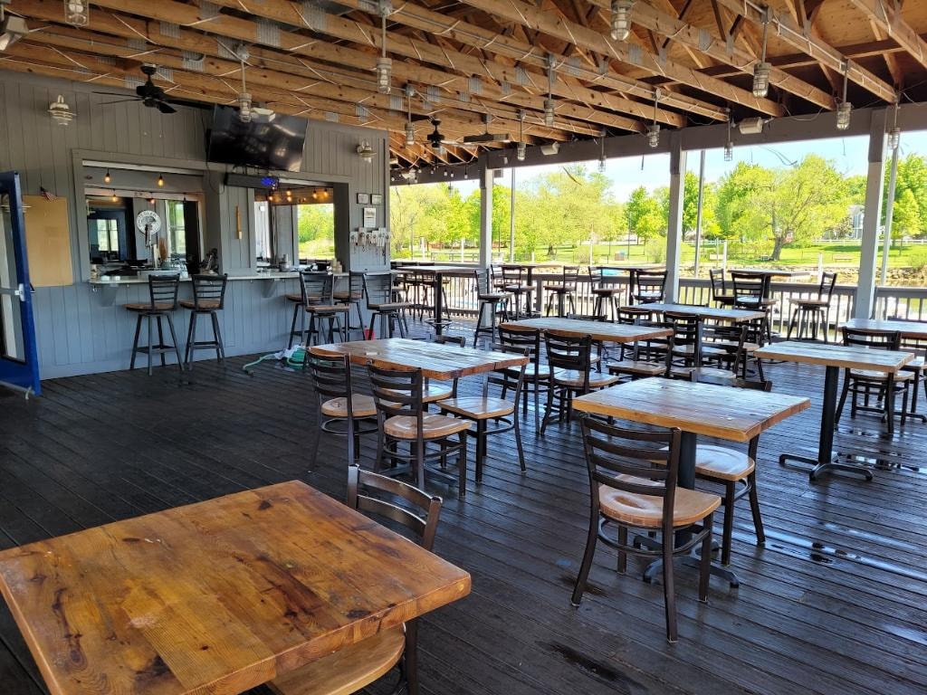 Oceanport Marina covered dining deck with bar