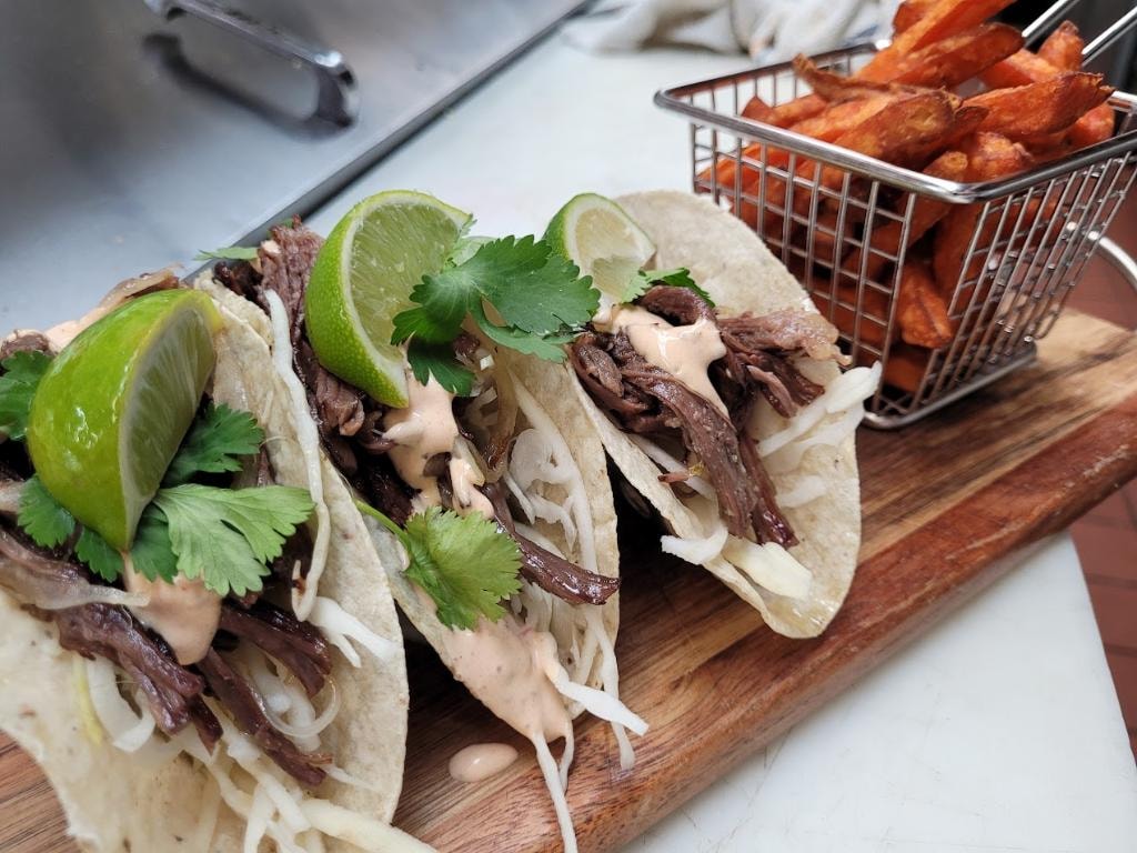 Oceanport Marina — braised beef tacos with sweet potato fries