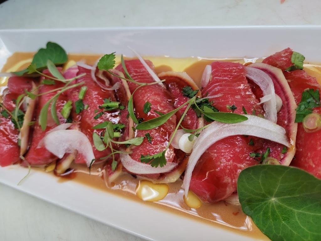 Oceanport Marina — tuna crudo with pickled onion and microgreens