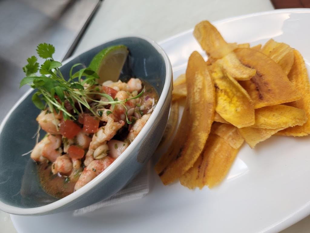 Oceanport Marina — shrimp ceviche with plantain chips