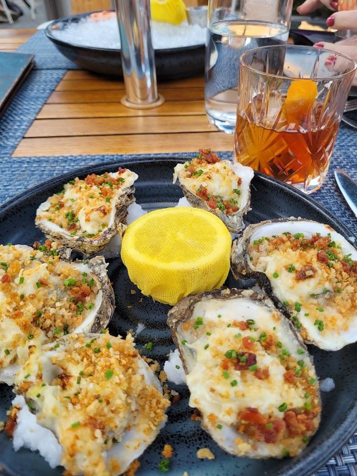 Oceanport Marina — baked oysters Rockefeller with old fashioned cocktail