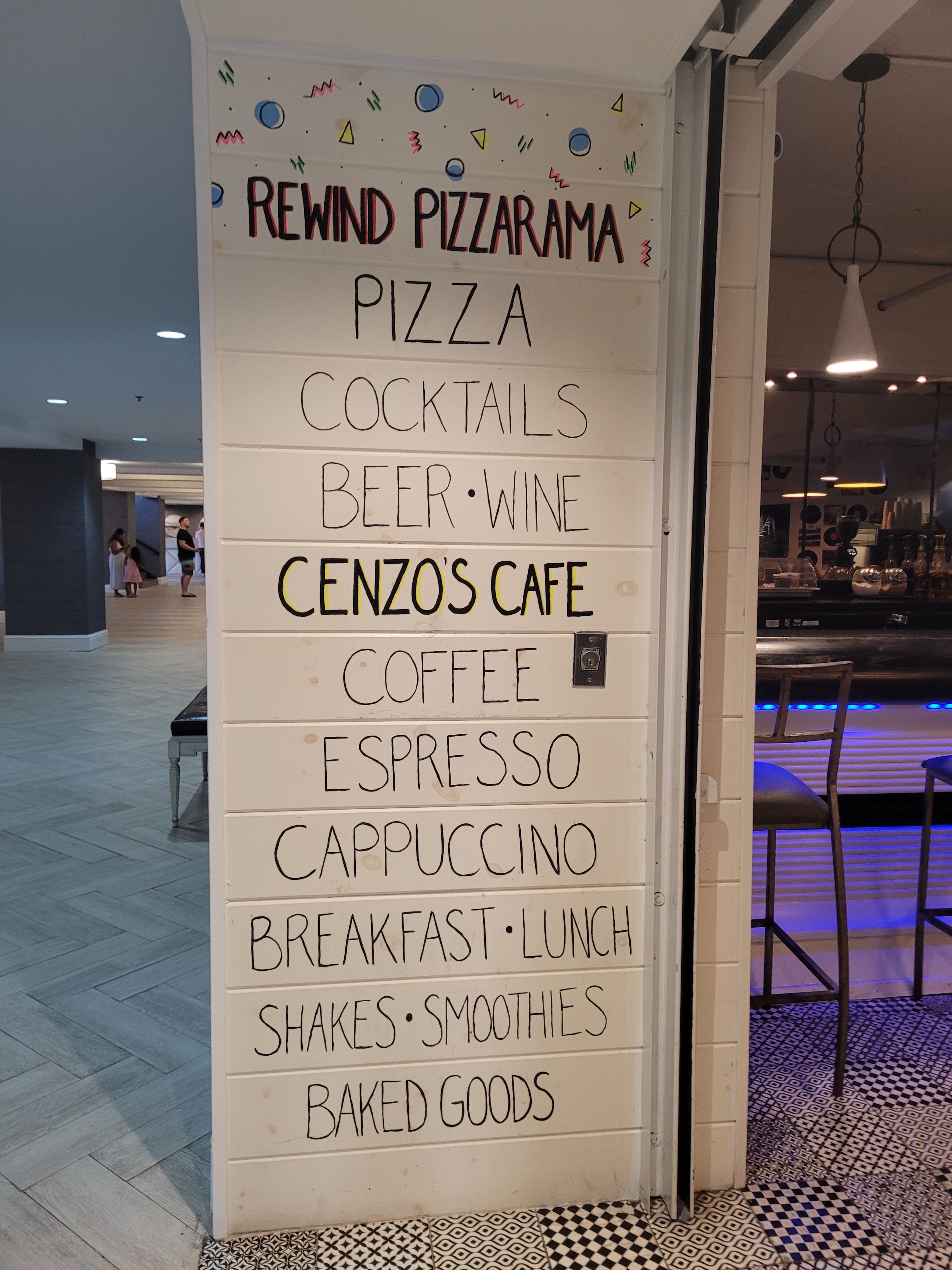 Rewind Pizzarama hand-painted menu board signage